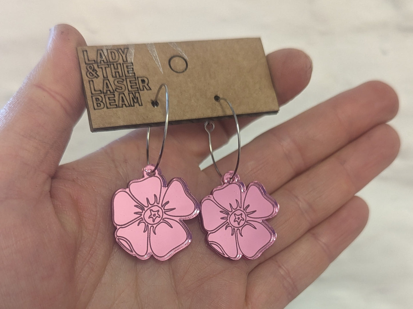 Pink Dog Rose mirror earrings