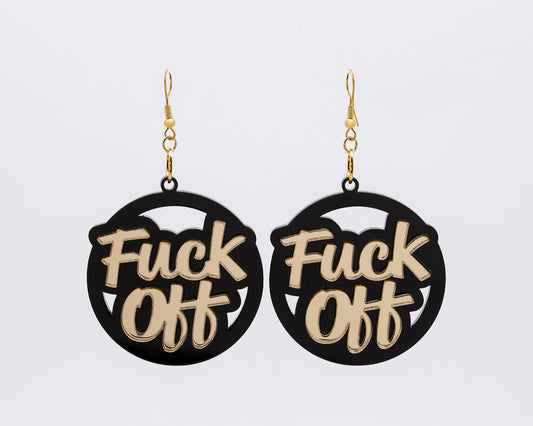 Fuck Off Earrings in black and gold