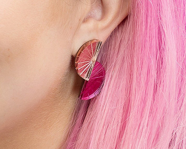 Pink and Rose gold Deco slice earrings