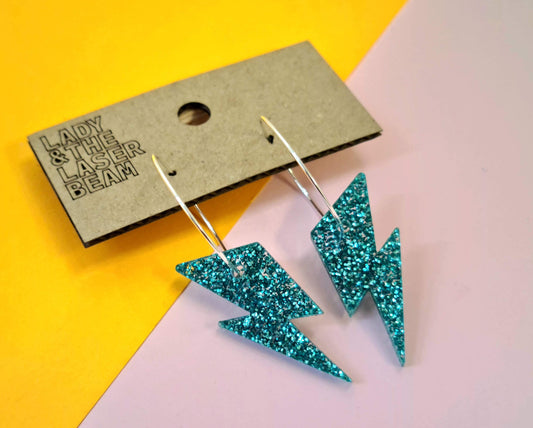 Teal Glitter Lightning Bolt Earrings