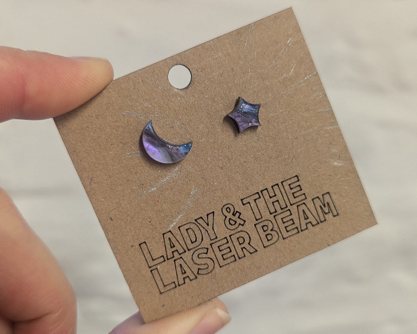 Celestial Moon & Star Stud Earrings – Marble and Glitter Acrylic
