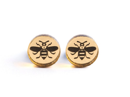 Manchester bee  black acrylic studs. Bee earrings, honeybee, Manchester bee, Bee studs, Gold mirror earrings, Manchester bee, Mancunian