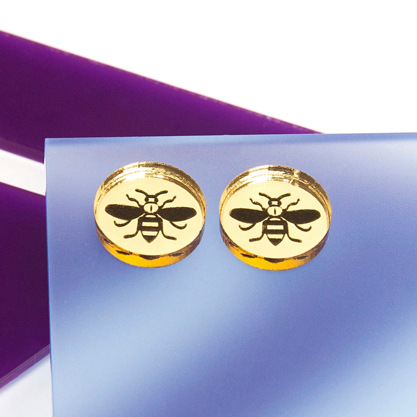 Manchester bee  black acrylic studs. Bee earrings, honeybee, Manchester bee, Bee studs, Gold mirror earrings, Manchester bee, Mancunian