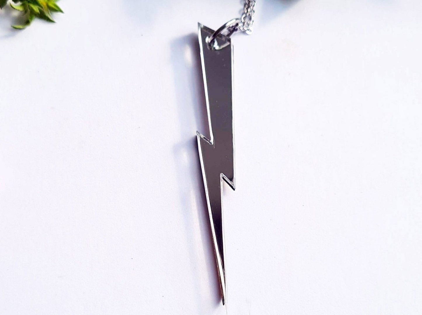 Long, slender Lightning bolt in silver mirror, choice of chain lengths