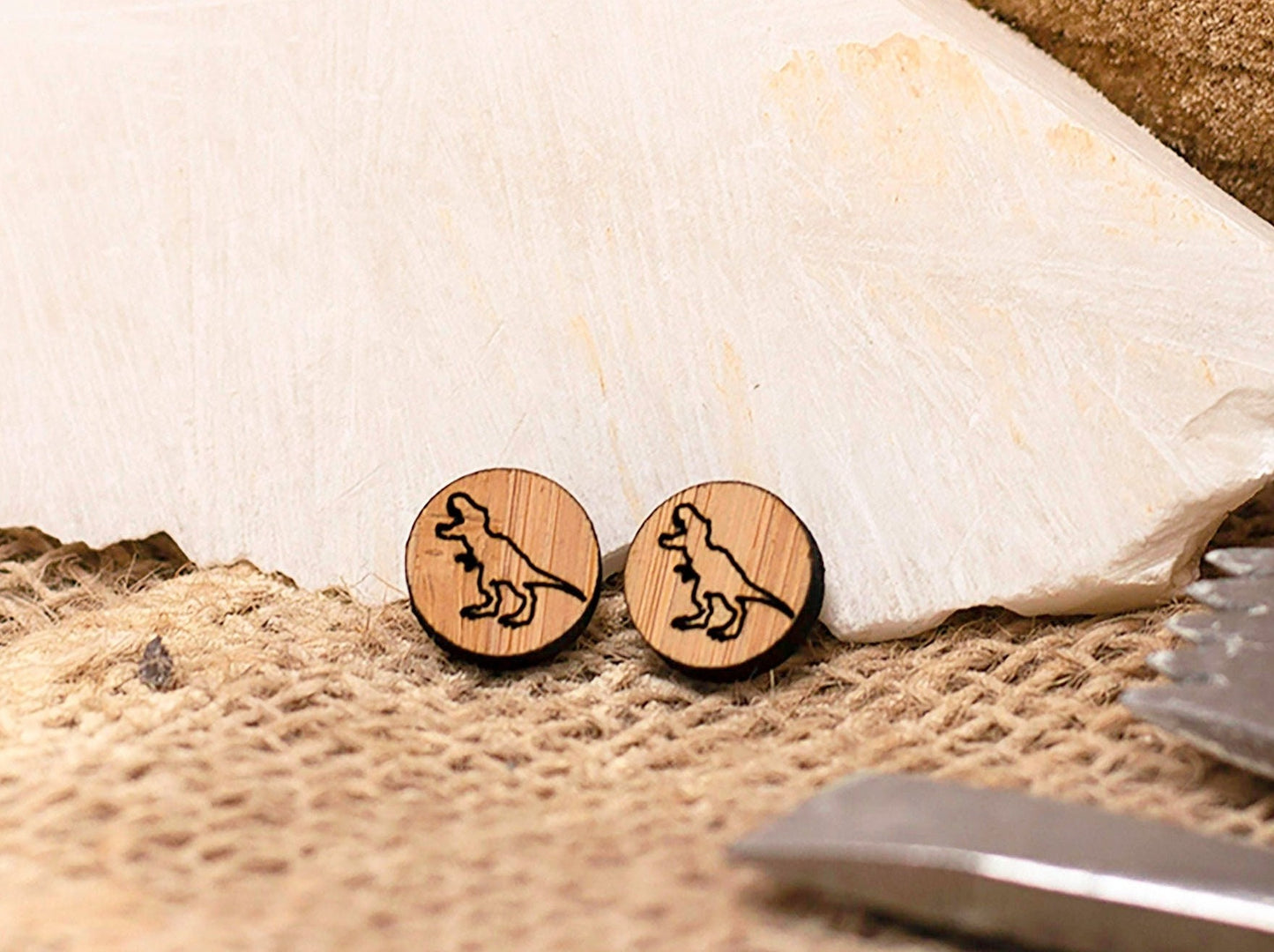 T Rex bamboo sustainable stud earrings. Dinosaur earrings, T-rex.