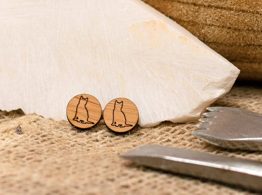 Little Cat bamboo sustainable stud earrings. Kitten Earrings, Cat Studs.