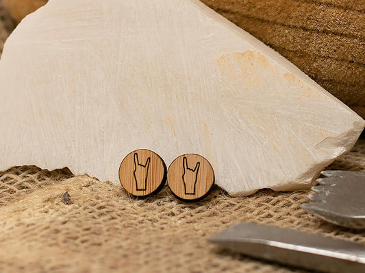 Rock Hands bamboo sustainable stud earrings. Music lover, eco fashion.