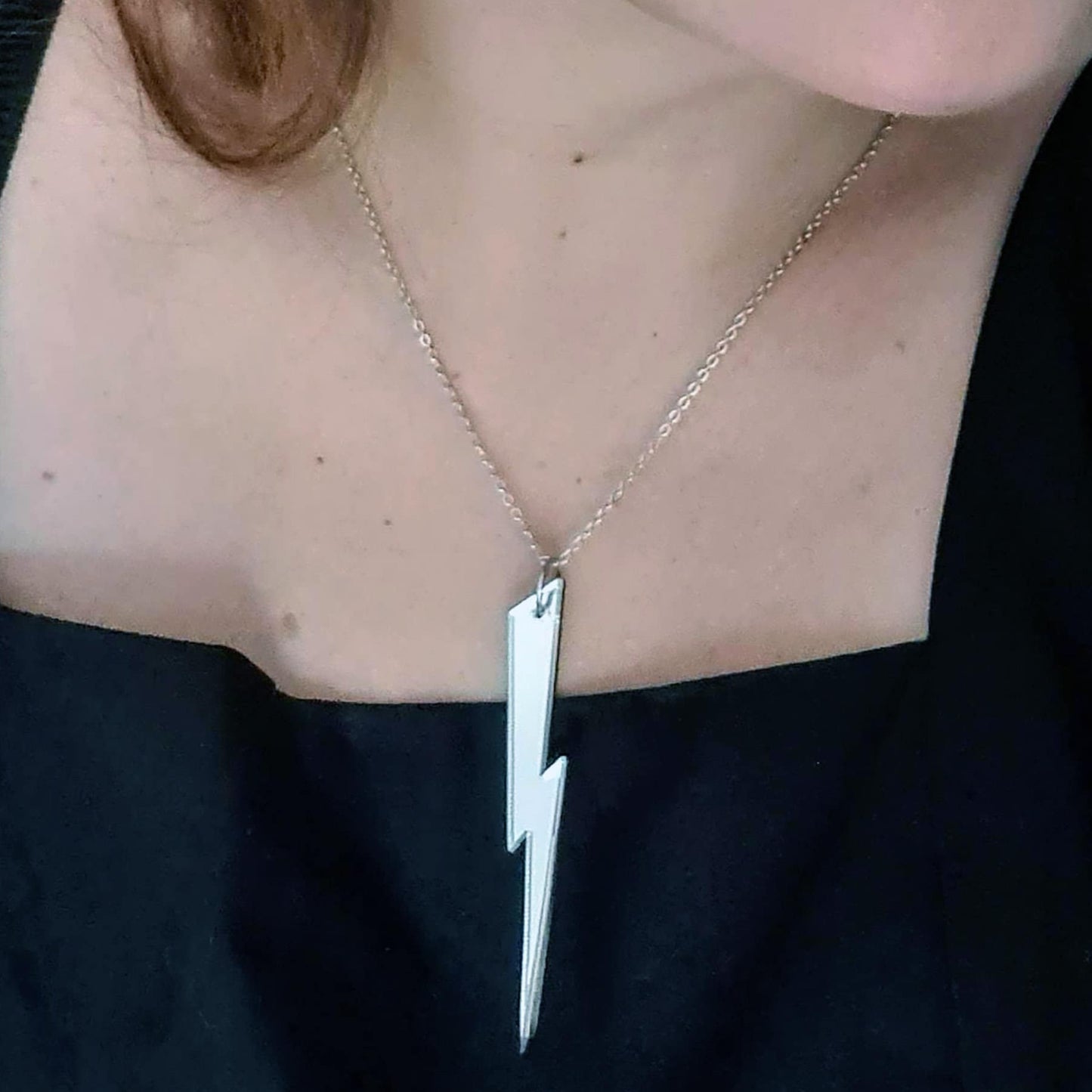 Long, slender Lightning bolt in silver mirror, choice of chain lengths