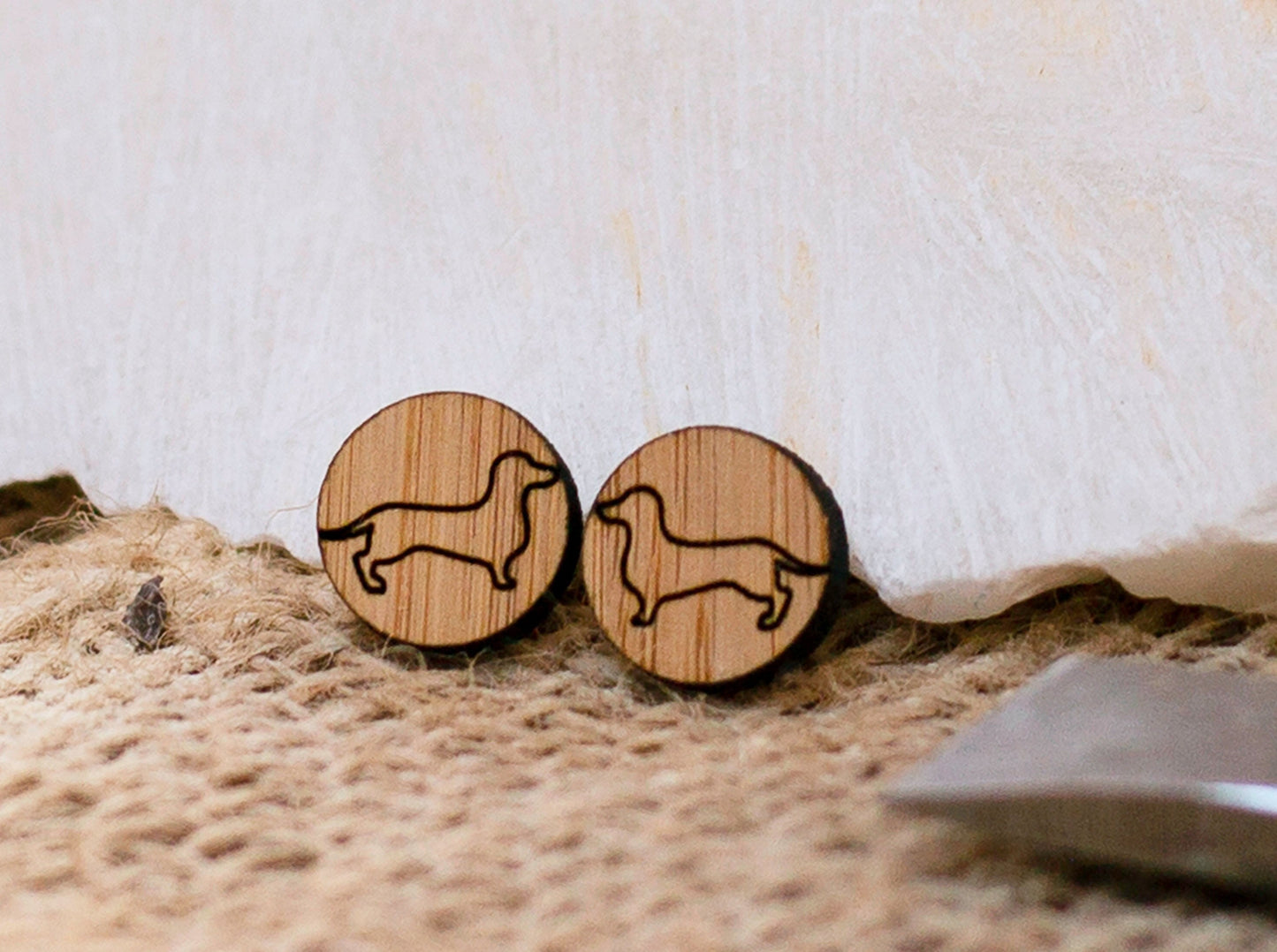 Sausage Dog bamboo sustainable stud earrings. Dachshund, eco fashion