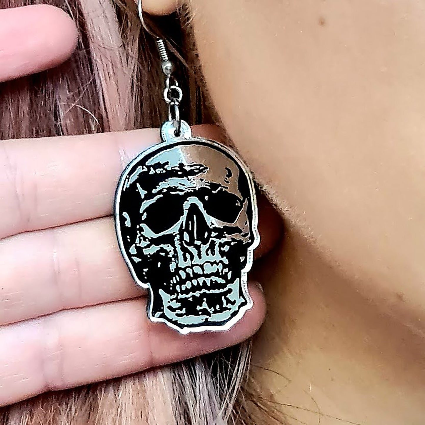 Silver Mirror Skulls earrings, Handmade gothic jewellery