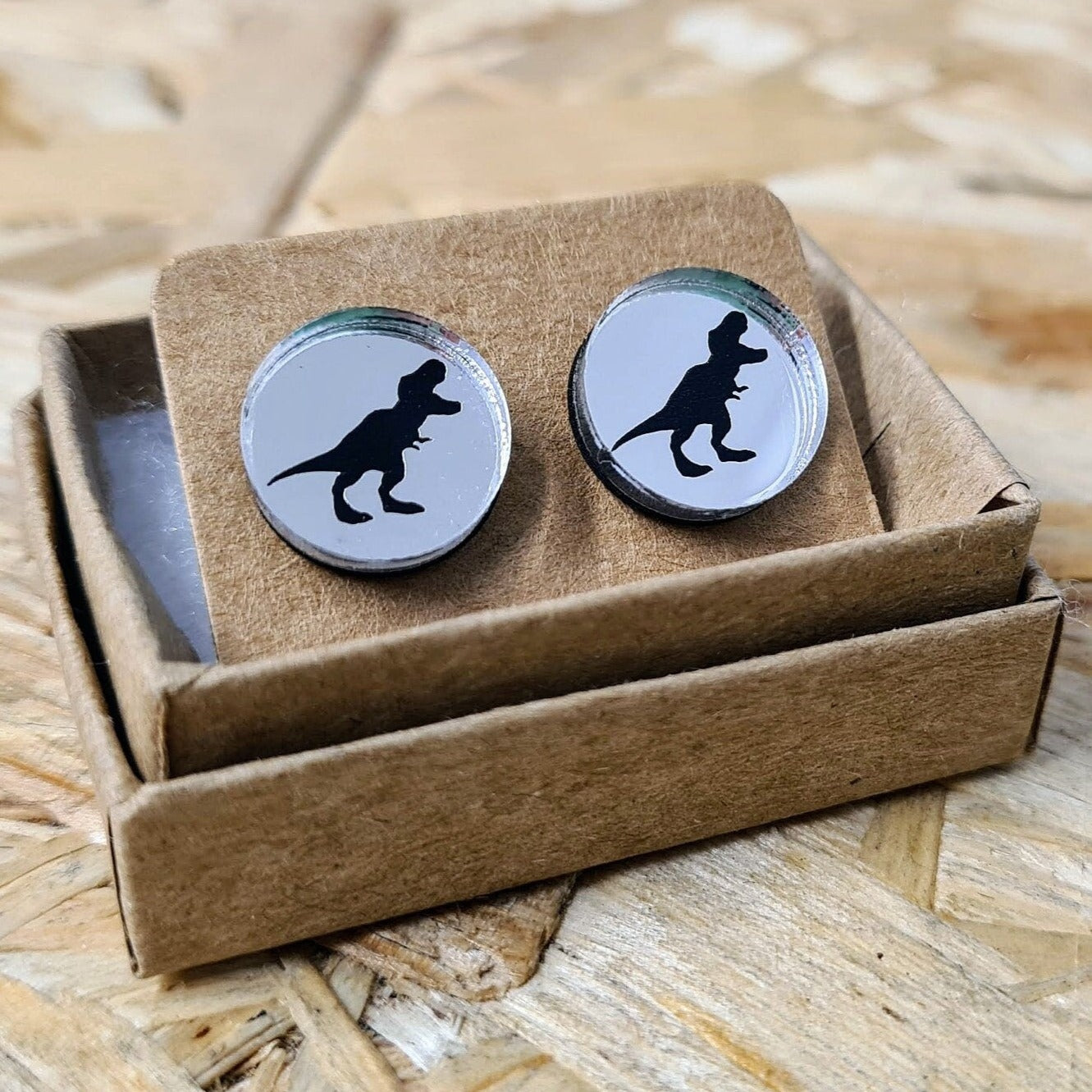 T Rex mirror studs in gold or silver. Dinosaur earrings, Dinosaur studs, T-Rex earrings, T-rex studs, Dinosaur jewellery, Dino studs