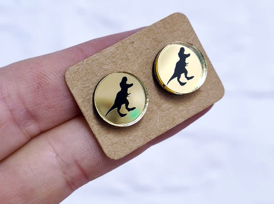 T Rex mirror studs in gold or silver. Dinosaur earrings, Dinosaur studs, T-Rex earrings, T-rex studs, Dinosaur jewellery, Dino studs